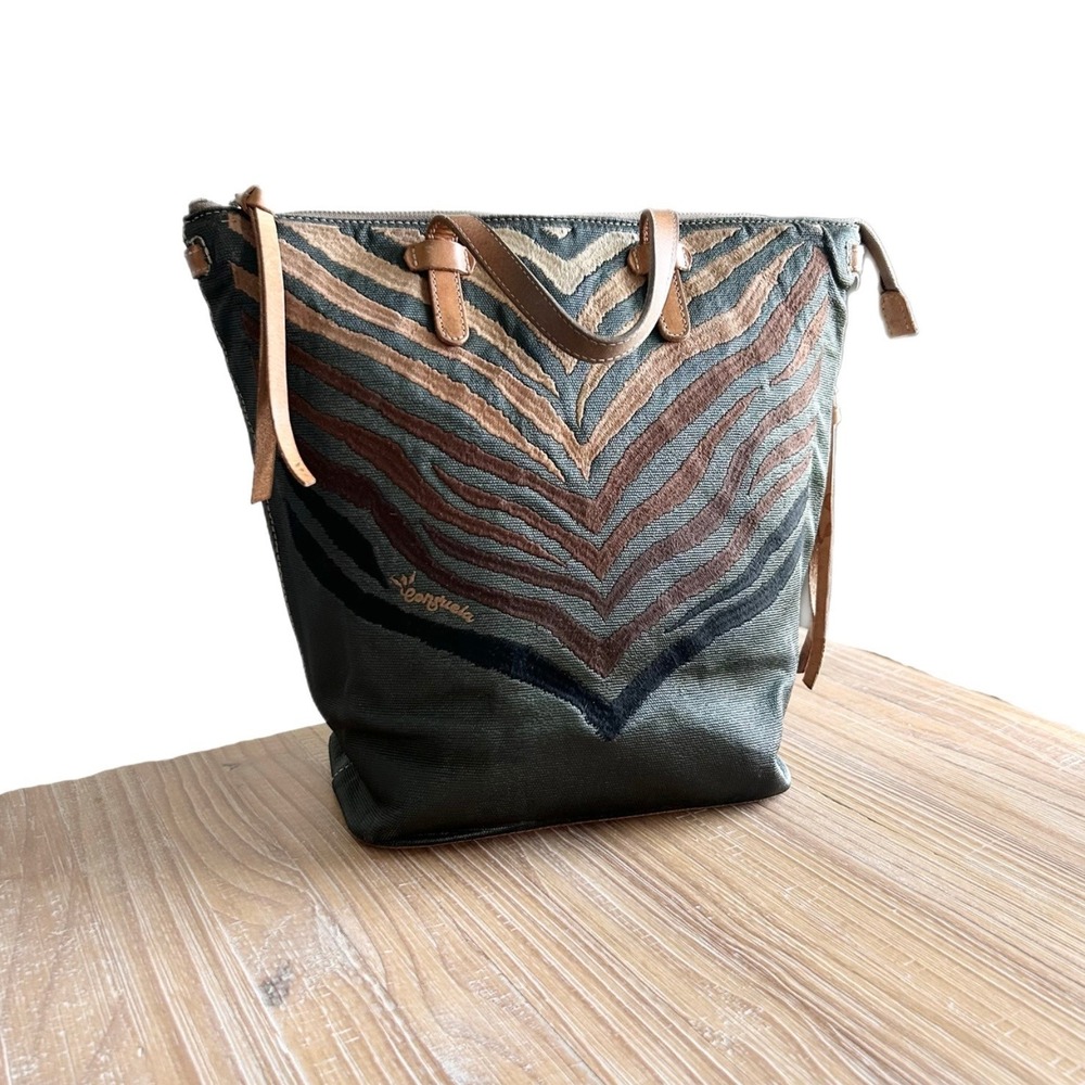 Consuela Olive Green Canvas Zebra Embroidery Classic Sling Bucket Bag